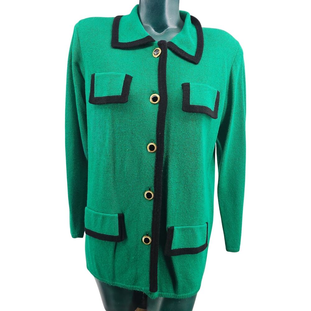 Vintage Laura by Alyzia Emerald Green Knit Collared Cardigan Corpcore L 2968